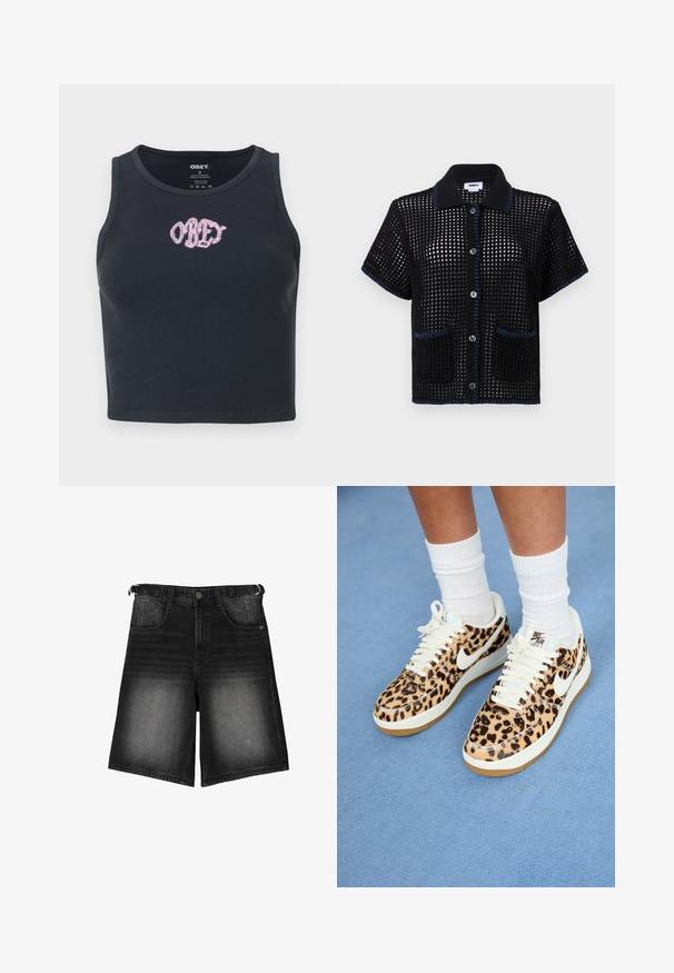 Črn rebrast kratki top iz bombaža z okroglo vratno ilo in rožnato vezenim logotipom "OBEY" čez prsi.; Črna pletena majica s kratkimi rokavi z mrežastim vzorcem, modrim obrobom na ovratniku in robovih žepov, z gumbi spredaj.; Črne denim kratke hlače z izbledelim videzom, petimi žepi, gumbom za zapiranje in zankami za pas. Tkanina ima gladko teksturo.; Teniske Nike Air Force 1 z leopardjim vzorom, belimi vezalkami in Swooshom, z tan barvnim gumijastim podplatom in teksturiranim zgornjim delom. Vidne bele crew nogavice.