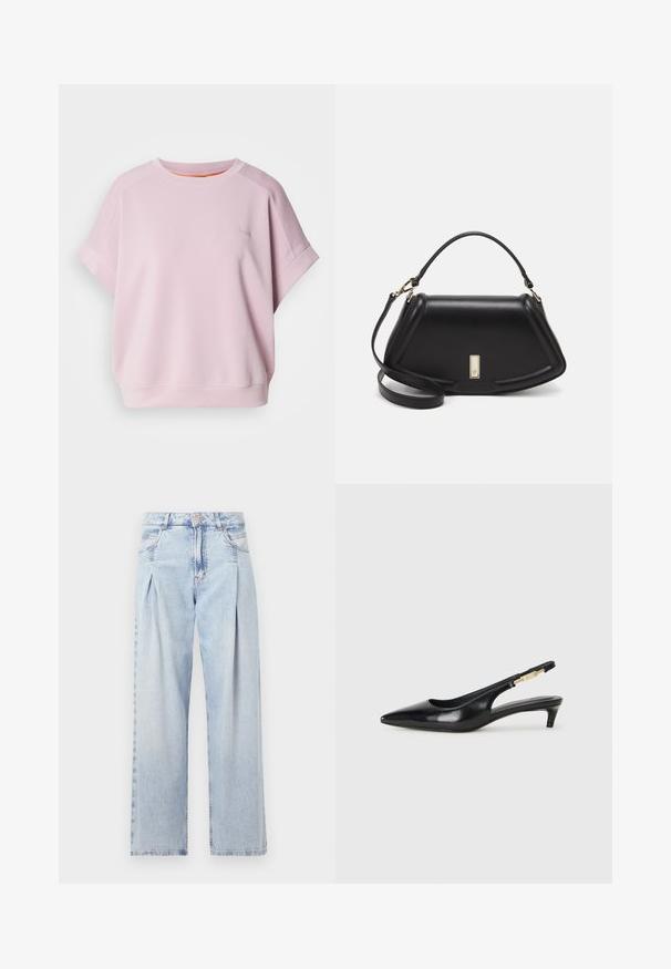 Rosa sweatshirt gjord av mjukt material, med en avslappnad passform, kort ärm och en liten broderad logotyp framtill.; Ljust blå denimjeans med hög midja, vida ben, två sidofickor och veckad design. Mjuk textur med en blekt finish.; Svart läder slingback-hälar med spetsig tå, med en smal klack och en guldtonad detalj på den justerbara remmen. Slät textur.; Svart läderhandväska med en strukturerad design, som har en avskuren form, ett handtag upptill och guldiga detaljer. Justerbar axelrem ingår.