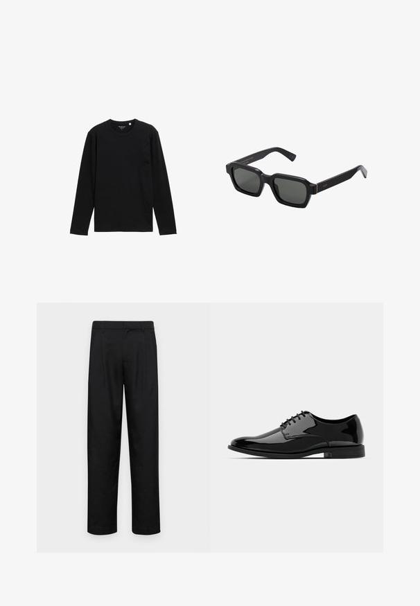 Črna majica z dolgimi rokavi iz rebraste tkanine, s krožnim ovratnikom in sproščenim krojem, brez dodatnih vzorcev ali okraskov.; Črne hlače iz gladkega materiala, s krojem ravne noge, dvema sprednjima pregiboma in standardnim pasom z zankami za pas.; Črne lakirane usnjene čevlje z zaobljenim nosom, vezanjem in gladko, sijočo površino. Imajo nizko profilirano gumijasto podplat.; Črna, kvadratna sončna očala z sivimi lečami. Debeli plastični okviri vsebujejo zlate detajle in blagovno znamko na templju. Gladka tekstura.