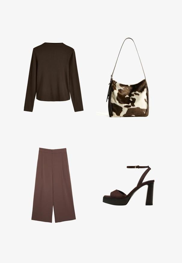 Hnedý, dlhý rukáv top s okrúhlym výstrihom a voľným strihom, vyrobený z mäkkej bavlny s hladkou textúrou.; Hnedé nohavice so širokými nohavicami a hladkou textúrou, s vysokým pásom a prednými skladmi. Tkanina je ľahká a voľne sa pohybuje.; Hnedé semišové sandále na vysokom podpätku s otvorenou špičkou, nastaviteľným členkovým remienkom a pruhovanou platformovou podrážkou.; Hnedo-krémová kravská koža cez plece s hladkým koženým remienkom, zipsovým uzáverom a mäkkým, textúrovaným povrchom s prírodným vzorom.