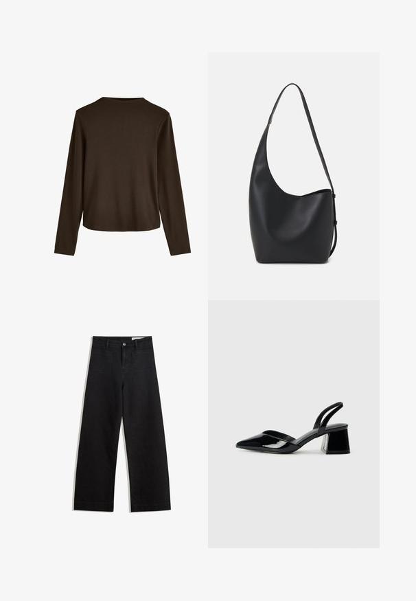 Maglietta marrone a maniche lunghe con scollatura rotonda e fit loose, realizzata in morbido cotone con una texture liscia.; Pantaloni in denim neri a gamba larga con vita alta, dotati di tasche anteriori e posteriori, cuciture a punto, e chiusura con bottone. Texture liscia.; Décolleté in vernice nera con punta affusolata e tacco in geometria cubica. Presentano un design elegante e minimalista, con una texture liscia.; Borsa hobo nera in pelle con una superficie liscia, forma curvata e una singola tracolla regolabile; presenta un'ampia apertura nella parte superiore.