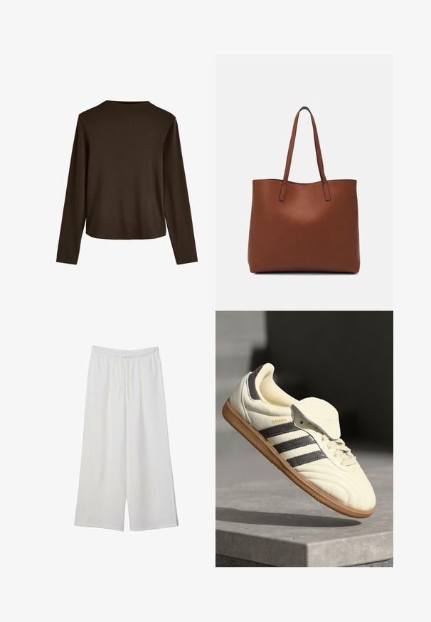 Maglietta marrone a maniche lunghe con scollatura rotonda e fit loose, realizzata in morbido cotone con una texture liscia.; Pantaloni bianchi a gamba larga realizzati in tessuto leggero, dotati di una vita elastica e di un cordino per una vestibilità regolabile. Texture liscia.; Sneaker in pelle crema con tre strisce scure, suola in gomma marrone e punta arrotondata. Presenta una linguetta pieghevole etichettata "SAMBA".; Borsa tote in pelle marrone con texture liscia, design con apertura superiore e due spallacci. Presenta cuciture minime e nessun hardware visibile.