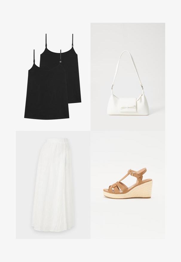 Svarta linnen med justerbara axelband, tillverkade av ett mjukt tyg, med en enkel design och rak nederkant, säljs i ett paket om två.; Vit maxikjol med elastisk midjeband, med ett texturerat blommönster och spetsliknande utskärningar över hela tyget.; Bruna kilklackssandaler med tvärband, justerbart ankelsläp och en texturerad vävd espadrillo-kil.; Vit syntetisk handväska med triangulär form, platt framklaff och rosettdetalj, justerbar rem, slät textur och minimalistisk design.