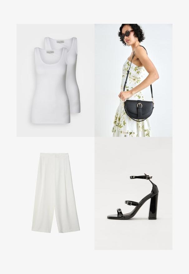 Dve bele majice brez rokavov z okroglim izrezom, narejene iz gladkega materiala. Značilnosti vključujejo ozke naramnice in prilegajoč se dizajn.; Bele široke skrajšane hlače iz gladkega materiala, ki imajo ravno sprednjo stran in nimajo vidnih zapiral ali žepov.; Črne lakirane sandale s peto, kvadratnim prstom, trakovi okrog gležnja in srebrnimi zaponkami. Opremljene so s stabilno Debelo peto.; Črna usnjena torbica s ukrivljeno obliko, z odstranljivo naramnico in zlatimi dodatki. Torbica ima pokrov s podrobnostmi v obliki zaponke.