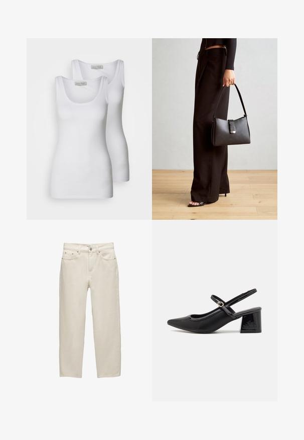 Dve biele tielka s okrúhlym výstrihom, vyrobené z hladkej tkaniny. Medzi vlastnosti patrí úzke ramienka a priliehajúci strih.; Biele riffelované džínsy s voľným strihom, rovný strih nohavíc, dizajn s piatimi vreckami a kovovými doplnkami s jemnou textúrou.; Čierne lakované kožené lodičky so slingback dizajnom, špicatou špičkou, zaobleným výrezom a blokovým podpätkom. Obsahuje akcent zlatého tónu s prackou.; Čierna kabelka so štruktúrovaným tvarom, hladkou textúrou a kovovou sponou. V kombinácii so širokými čiernymi nohavicami a sandálmi s otvorenou špičkou na drevenej podlahe.