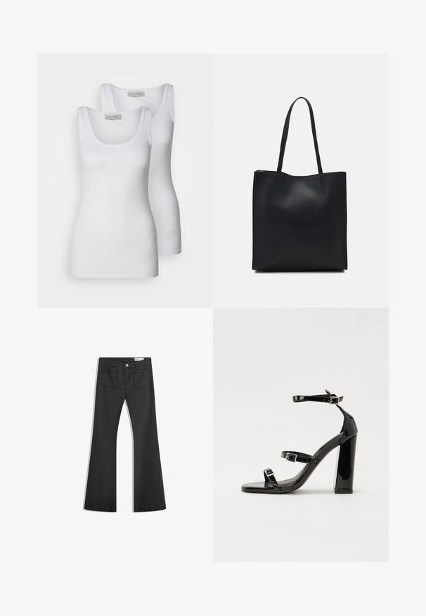 Kaksi valkoista toppeja, joissa on pyöreät kaula-aukot ja jotka on valmistettu sileästä kankaasta. Ominaisuuksiin kuuluvat kapeat hihnat ja myötäilevä muotoilu.; Mustat leveälahkeiset farkut, jotka on valmistettu sileästä denimmateriaalista. Farkuissa on kaksi takataskua ja nappikiinnitys vyötäröllä.; Musta kiiltävä korkokenkä sandaalit neliönmuotoisella varpaalla, nilkkaremmillä ja hopeisilla soljilla. Varustettu tukevalla lohkokorkealla vakauden takaamiseksi.; Mustapahkainen kangaskassi, jossa on sileä pinta, suorakaiteen muotoinen ja kaksi pitkää kahvaa. Ei näkyvää metalliosaa tai koristeita.