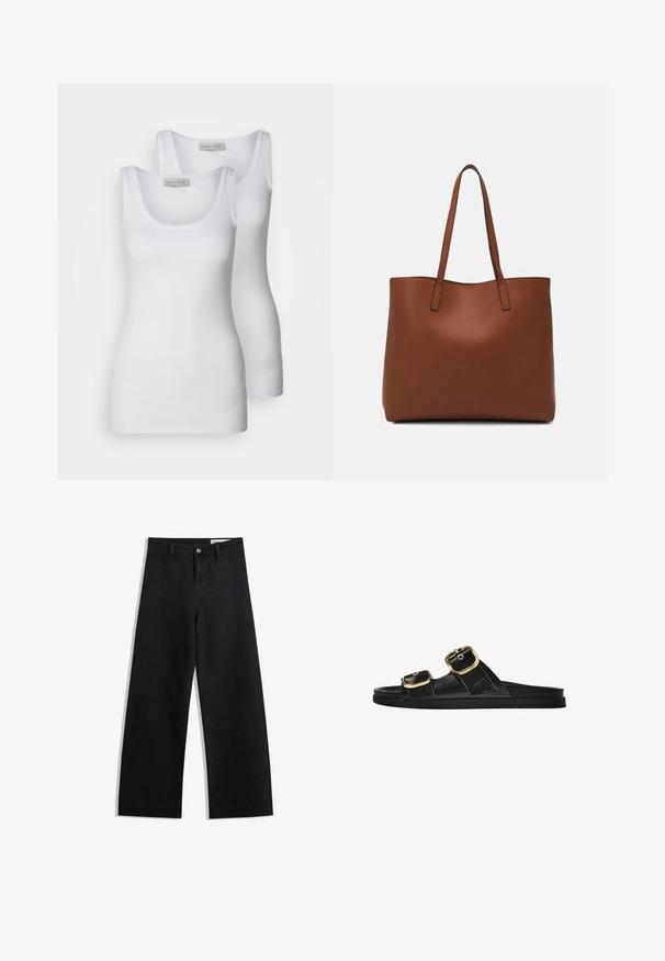 Twee witte tanktops met een ronde halslijn, gemaakt van een gladde stof. Kenmerken zijn smalle bandjes en een aansluitend ontwerp.; Zwarte denim broek met wijde pijpen en een hoge taille, voorzien van voor- en achterzakken, gestikte naden en een knoopsluiting. Gladde textuur.; Zwarte slipper met twee gouden gesps, gladde textuur, platte zool en een minimalistisch ontwerp.; Bruine leren tote bag met een gladde textuur, een ontwerp met een open bovenkant en twee schouderbanden. Kenmerkt zich door minimale stiksels en geen zichtbare hardware.