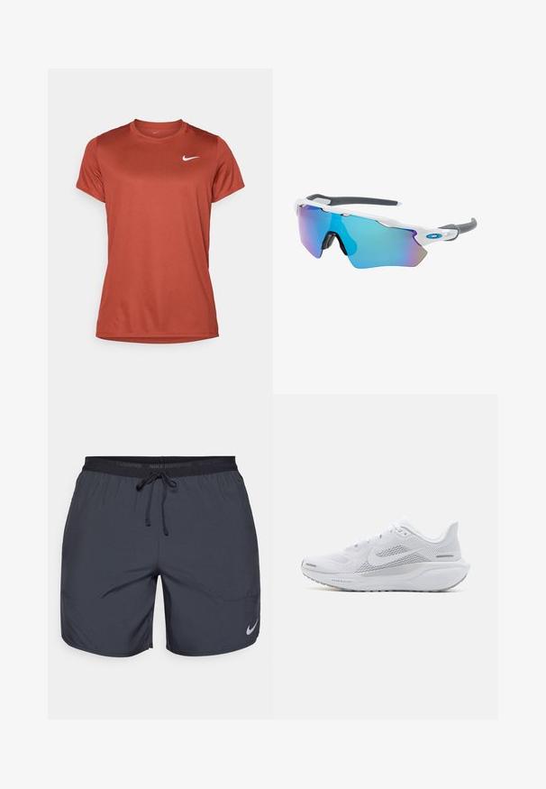 Nike Performance NIKECOURT VICTORY TOP - Sportovní tričko - mars stone/white; Běžecké šortky Nike v tmavě šedé barvě, se zakončením na gumu a tkaničkou a stříbrným logem na dolní části pravé nohavice.; Bílé sportovní boty s síťovaným svrškem, hladkými texturovanými překryvy, šedými akcenty, tkaničkami a polstrovanou podrážkou navrženou pro výkon.; Sluneční brýle s bílým rámečkem, šedými akcenty a modrými zrcadlovými čočkami. Sportovní design, obepínající tvar a nastavitelné nosní podložky.