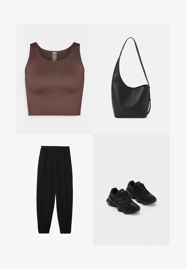Ruskean raidallinen cropped toppi, jossa on pyöreä pääntie ja leveät hihnat. Valmistettu joustavasta kankaasta, jossa on saumaton muotoilu ja sileä pinta.; Mustat, kevyet housut, joissa on joustava vyötärö ja kerätyt nilkat. Kangas on sileä ja siinä on rento, kapeneva muotoilu.; Mustat urheilukengät, joissa on teksturoitu päällinen, näyttävä "N"-logo, pehmustettu pohja ja tyylikäs, nykyaikainen siluetti.; Musta nahkainen hobo-laukku, jossa on sileä pinta, kaareva muoto ja yksi säädettävä olkahihna; sisäänkäynti on leveä ylhäältä.