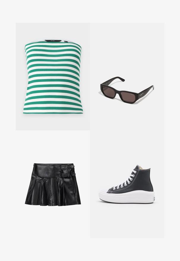 Zeleni i bijeli prugasti top bez rukava izrađen od rebrastog materijala, s prilagođenim krojem i ravnim rubom. Nema vidljivih metalnih dijelova ili dodataka.; Crna kožna suknja s plisovima, širokim pojasom i dva akcenta s kopčama sa strane. Glatka tekstura s sjajnim završetkom.; Crni visoki tenisice s bijelim vezicama i gumenenim potplatom. Imaju glatku kožnu teksturu i bijele šavove.; Crna pravokutna sunčana naočala s tamnim lećama. Imaju glatki plastični okvir i detalj sa logom na sljepoočnici. Čist, moderan dizajn.; Bordo torbica napravljena od sintetičkog materijala sa strukturiranim dizajnom, koja ima odvojivi remen i cvjetni šal vezan za ručku.