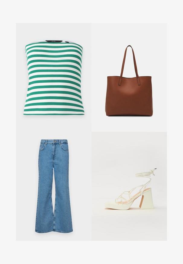 Green and white striped sleeveless top made of ribbed fabric, featuring a fitted design and a straight hem. No visible hardware or accents.; Light blue flared jeans made of denim, featuring a high waist, five pockets, and a single button closure. Soft texture with faded finish.; White high-heeled sandal with a chunky heel, featuring a strappy design and ankle tie. Smooth texture with a platform front for added height.; Brown leather tote bag with a smooth texture, open top design, and two shoulder straps. Features minimal stitching and no visible hardware.