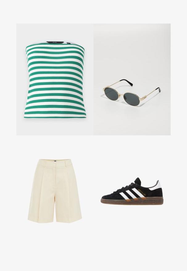 Grøn- og hvidstribet ærmeløs top lavet af ribbet stof, der har et tætsiddende design og en lige kant. Ingen synlige hardware eller accenter.; Beige plisserede shorts med skræddersyet design, der har en glat tekstur og sidelommer, skåret over knæet for en afslappet pasform.; Sort Adidas sneakers med hvide striber, guld "Spezial" tekst, gummisål og hvid hælflap, vist i profil.; Guldmetal solbriller med ovale linser og mørktonede linser. Sorte acetat tip på stængerne. Mærkenavnet "QUAY" på siden.