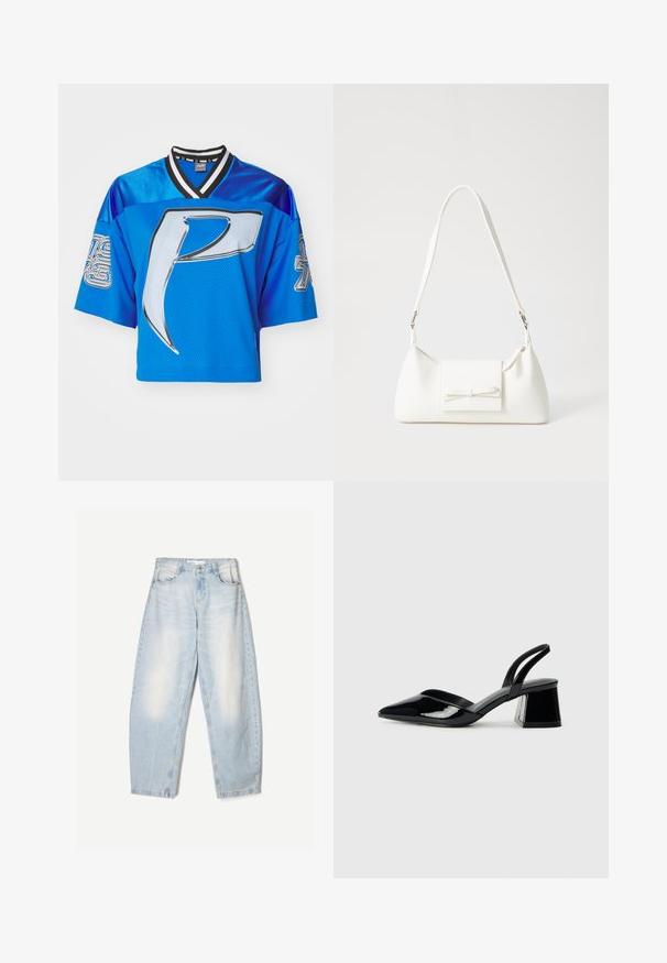 Puma CHERRY ON TOP CROPPED - T-shirt print - hyperlink blue; Lichtblauwe denim jeans met een losse pasvorm, voorzien van een vervaagde afwerking, twee voorzakken en een knoopsluiting bij de taille.; Zwarte gepatineerde leren slingback hakken met een spitse neus en een geometrische blokhak. Kenmerkt zich door een slank, minimalistisch ontwerp en een gladde textuur.; Witte synthetische handtas met een driehoekige vorm, platte voorklep en strikdetail, verstelbare schouderriem, gladde textuur en minimalistisch ontwerp.