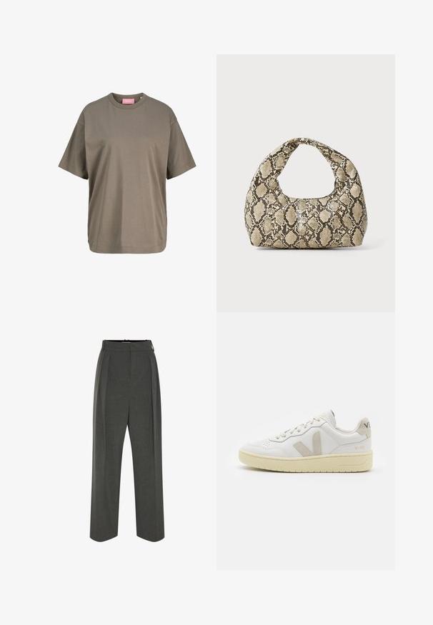 Oliivivihreä lyhythihainen T-paita, joka on valmistettu pehmeästä puuvillasta. Siinä on pyöreä pääntie ja suora leikkaus, jossa on minimaalista ompeluyksityiskohtaa.; Harmaat leveälahkeiset housut teksturoidusta kankaasta, joissa on korkea vyötärö ja etupilkut. Mallissa on sileä vyötärönauha ilman näkyviä kiinnityksiä.; Valkoiset nahkakengät, joissa on vaaleanruskeat pigmenttisuojat, rei'itetty kärki, litteät nauhat ja teksturoitu kermaisa pohja. Takana on huomaamaton brändäys.; Käärmeennahkakuosiset käsilaukku, jossa on kaareva kahva. Tehty teksturoiduista beigeistä ja ruskeista materiaaleista, joissa on erottuva timanttikuvio.
