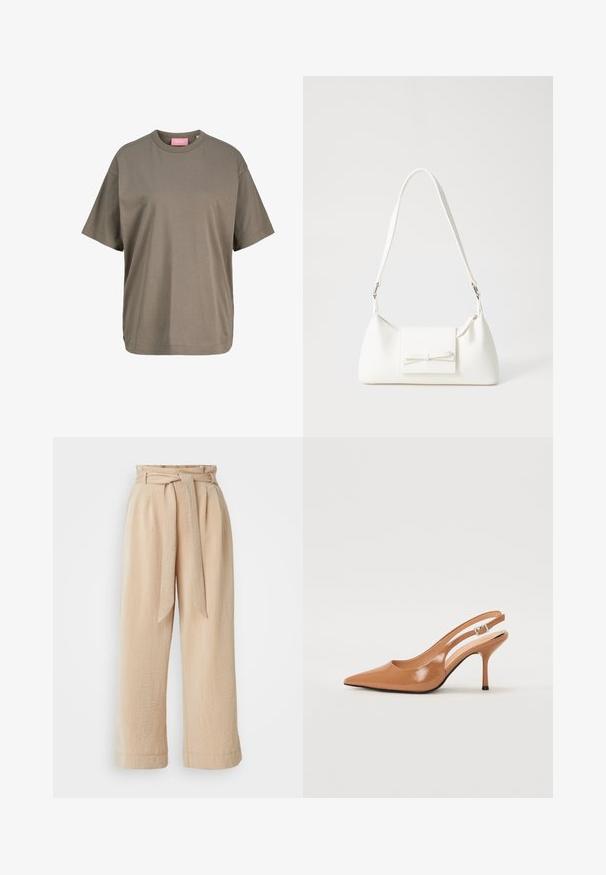 Tamsiai žalia trumpa rankovė marškinėliai, pagaminti iš minkštos medvilnės. Su apvalia iškirpte ir tiesiu kirpimu, minimalistinėmis siuvimo detalėmis.; Smėliniai plačiakojai kelnių su diržu, pagaminti iš tekstūruoto audinio. Yra priekinė klostė ir lygi apdaila palei apačią.; Pailgų smailiu pirštu slingback kulnas, pagamintas iš lygaus, blizgaus rudos spalvos medžiagos. Yra kreivų išpjovimų dizainas ir lieknas stiletto kulnas. Sidabrinė sagtis.; Balta sintetinė rankinė trikampio formos, plokščiu priekiu su užsegimu, kaspino detale, reguliuojama dirželiu, lygia tekstūra ir minimalistišku dizainu.