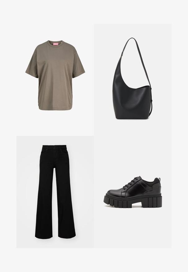 Olive green short-sleeve T-shirt made of soft cotton. Features a crew neckline and a straight cut with minimal stitching details.; Black wide-leg pants made of denim, featuring a structured waistband, belt loops, and front pockets. Smooth texture with a classic design.; Black leather platform shoes with a chunky block heel, round toe, and traditional lace-up design. Features smooth texture and minimal detailing.; Black leather hobo bag with a smooth texture, curved shape, and single adjustable strap; features a wide opening at the top.