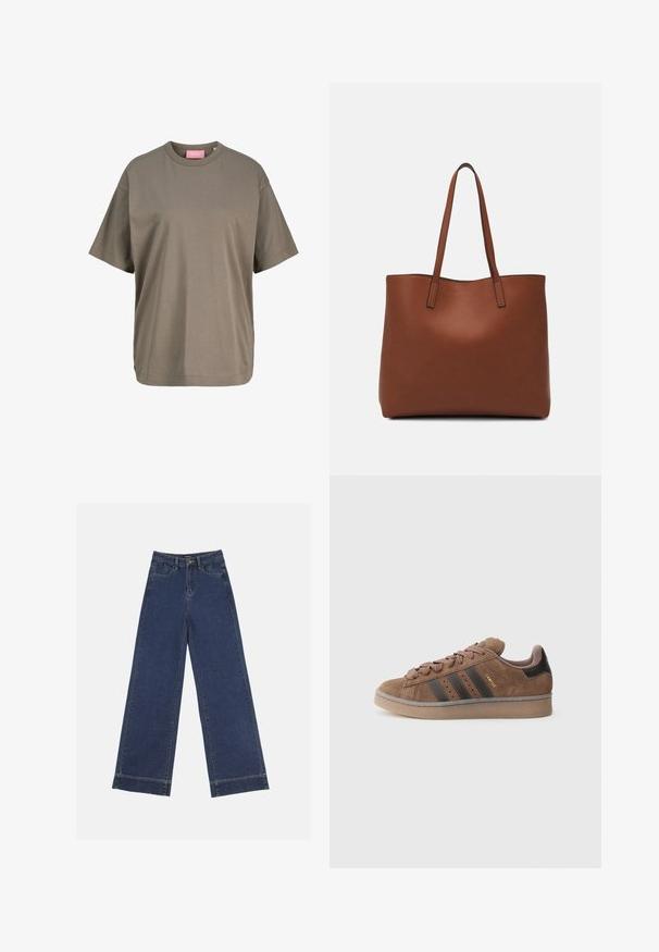 Olivno zelena majica s kratkimi rokavi iz mehkega bombaža. Ima krožni ovratnik in raven kroj z minimalnimi šivi.; Široke traperice v temno modrem denimu. Imajo pet žepov, zanke za pas in surov rob na dnu z vidnimi šivi.; Rjav semiš športni copat s tremi temnimi črtami, prednji del z teksturiranimi vezalkami in kontrastnim črnim petnim delom. Ima gumijast podplat in zlato znamčenje.; Rjava usnjena torba z gladko teksturo, odprto zasnovo zgoraj in dvema naramnima trakovoma. Opremljena je z minimalnim šivanjem in brez vidnih kovinskih delov.