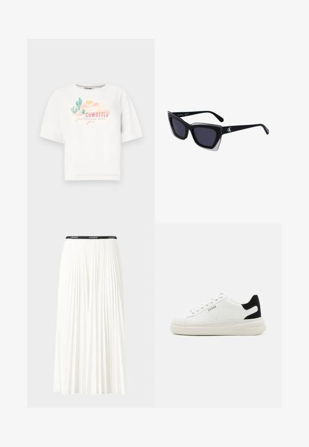 Camiseta de algodón blanca de manga corta, con un gráfico colorido del desierto y el texto "A LAS COWGIRLS solo les quiere divertir" en rosa y verde.; Falda blanca plisada con una cinturilla elástica negra que presenta el logotipo "LACOSTE". Diseño de longitud media con textura suave.; Zapatillas blancas de cuero con una suela blanca gruesa, acento en el talón de ante negro y logo grabado en el lateral. Diseño de cordones con seis ojales.; Gafas de sol negras de gran tamaño con una forma geométrica, que presentan lentes oscuros y un detalle gris contrastante en la montura. Logo en la pata.