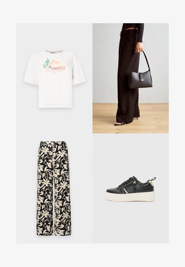Valge puuvillane t-särk lühikeste varrukatega, millel on värvikas kõrbe graafika ja tekst "COWGIRLS tahavad lihtsalt lõbutseda" roosa ja rohelisega.; Mustad laiad püksid kreemja lillemustriga. Valmistatud kergest kangast, millel on sile tekstuur ja kõrge vöökoht.; Musthave musta platvormiga spordijalatsid tekstuuriga nahast, kuldsete detailide ja valge kummist tallaga. Omavad paeltega kinnitamist ja dekoratiivset külgzippi.; Must musta kott, millel on struktureeritud kuju, sile tekstuur ja metallist klamber. Kombineeritud laiate mustade pükstega ja avatud varvaste sandaalidega puidust põrandal.