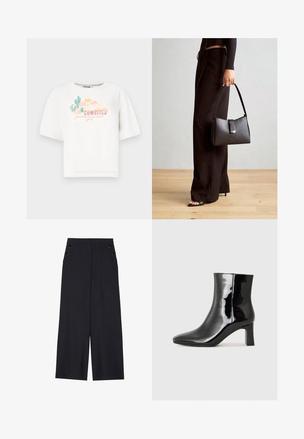 T-shirt en coton blanc à manches courtes, avec un graphisme coloré de désert et le texte "COWGIRLS veulent juste s'amuser" en rose et vert.; Pantalons ample en tissu bleu marine foncé, avec une texture lisse, des plis avant et des œillets décoratifs en ton doré sur les poches latérales.; Bottines en cuir verni noir avec un bout pointu et un talon block de hauteur moyenne. Texture lisse et design minimaliste.; Sac à main noir à la forme structurée, texture lisse et fermoir métallique. Associé à un pantalon noir ample et des sandales ouvertes sur un sol en bois.