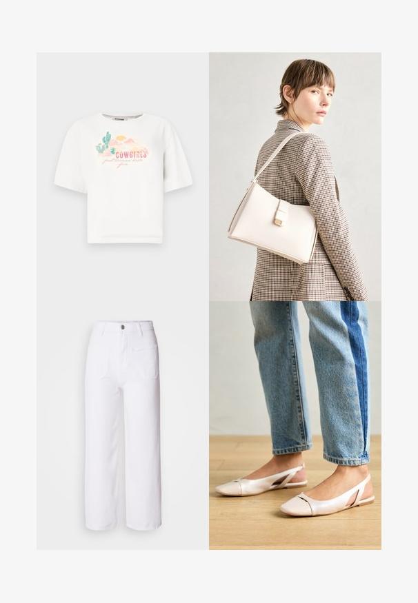 T-shirt bianca in cotone con maniche corte, caratterizzata da una grafica colorata del deserto e dalla scritta "COWGIRLS just wanna have fun" in rosa e verde.; Pantaloni wide-leg in denim bianco con chiusura a bottone, passanti per cintura, due tasche anteriori e una tasca posteriore. Tessuto resistente e dalla texture particolare.; Ballerine slingback rosa pallido con punta affusolata, realizzate in un materiale simile alla pelle liscio. Presentano dettagli a taglio sui lati e un tacco piatto.; Borsa a mano in pelle bianca con un design strutturato, presente di un clasp magnetico e una tracolla, esposta su uno sfondo neutro.