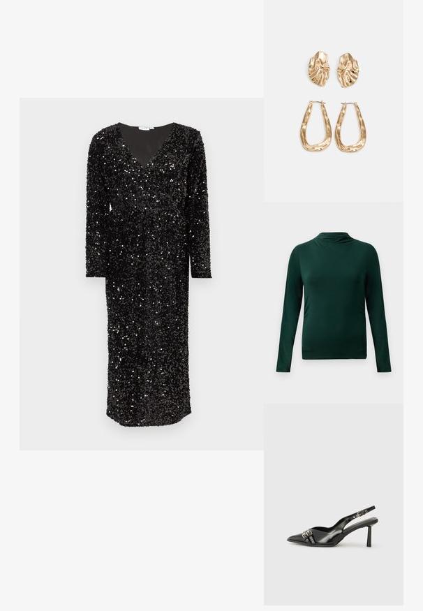 Temno zelena dolga majica z dolgimi rokavi in lahnim materialom, z lažjim ovratnikom in oprijetim krojem na enobarvni svetli podlagi.; Črna obleka s sekvenci, dolgimi rokavi, globokim V-izrezom in dolžino do gležnjev. Bleščeča tekstura povečuje vizualno zanimivost.; Črne patentne usnjene sandale s koničastim nosom, zankami okoli gležnja s srebrnimi sponkami in opremo ter vitkimi petami.; Zlata metalna torbica z urejenim dizajnom, gladko teksturo in nastavljivim trakom. Ima edinstveno trikotno obliko in minimalistično šivanje.; Zlato obarvani uhani z teksturiranimi, valovitimi oblikami. Vključujejo skulpturalne sponke za ušesa in odprto obliko obročka s kladivastim finišem.