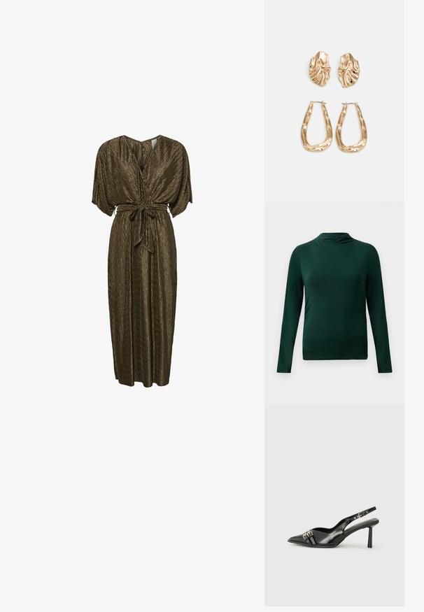 Top leve de manga longa verde escuro com gola alta e silhueta ajustada, em fundo claro liso.; Vestido maxi pregueado castanho com decote em V, mangas largas e cinto atado na cintura. Textura suave com um brilho subtil.; Sapato slingback preto em pele patentada com bico apontado, tiras no tornozelo apresentando fivelas e acessórios prateados, e um salto elegante.; Bolsa de mão metálica dourada com um design estruturado, textura suave e alça ajustável. Apresenta uma forma triangular única e costura minimalista.; Brincos em tom de ouro com formas onduladas e texturizadas. Inclui studs escultóricos com presilha e um design de argola aberta com um acabamento martelado.