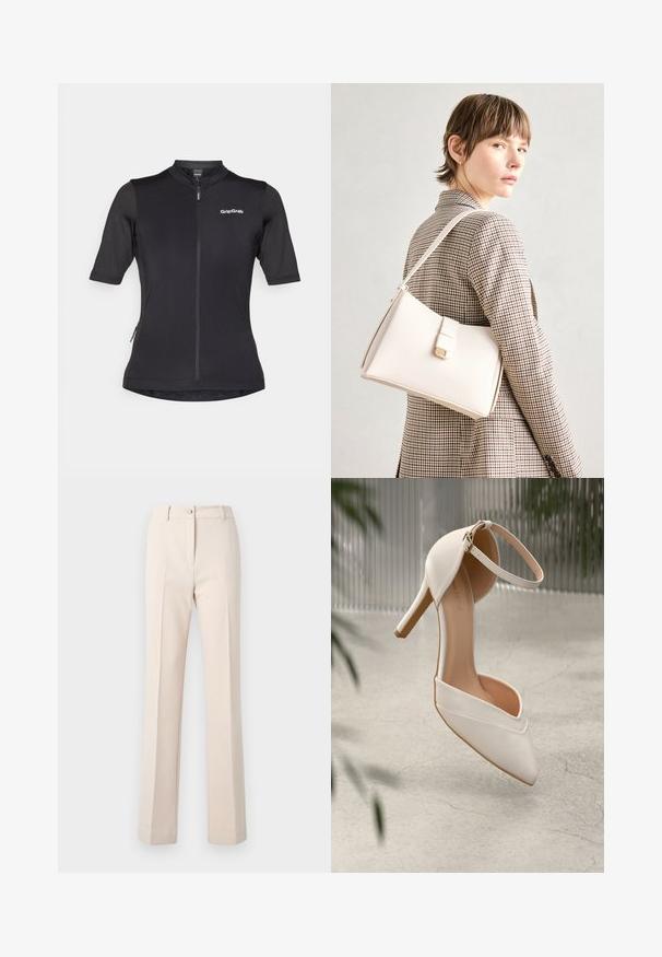 Juodas trumpas rankovės dviratininko marškinėliai su užtrauktuku priekyje, pralaidus orui medžiaga ir GripGrab logotipas viršutiniame kairiajame kampe.; Bežiniai pritaikyti kelnes su tiesiu kirpimu, su mygtuko uždarymu, priekinėmis raukšlėmis ir lygiu paviršiumi.; Balti aukštakulniai bateliai iš lygios medžiagos su smailiu pirštu ir kulkšnies dirželiu. Yra šviesiai rudos spalvos vidus ir auksinės spalvos detalės.; Balto odos rankinė su struktūrizuotu dizainu, turinti magnetinį užsegimą ir petnešą, demonstruojama prieš neutralią foną.