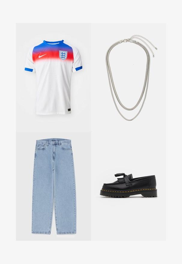 Biely futbalový dres s krátkym rukávom, s farebným prechodom od červenej po modrú na golieri, modrými akcentmi na rukávoch a erbom Anglicka na hrudi.; Svetlomodré denimové džínsy s rovnými nohavicami, s polovysokým pásom, piatimi vreckami a zapínaním na gombík a zips.; Čierne kožené loafre s detailom na strapcoch, s masívnou čiernou podrážkou a žltým prešitím pozdĺž okraja. S textúrovaným povrchom.; Trojvrstvový náhrdelník zo strieborného kovu s elegantnými, flexibilnými reťazami s jemným leskom, zabezpečený sponou typu langusta a nastaviteľným reťazcom.