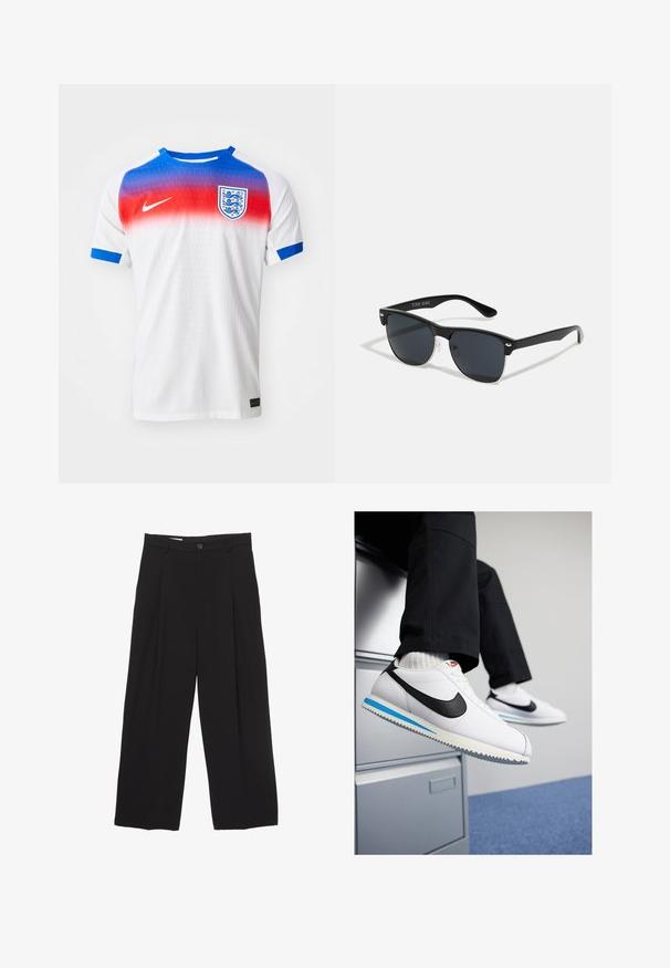 Maglietta da calcio bianca a maniche corte con colletto sfumato dal rosso al blu, dettagli blu sulle maniche e stemma dell'Inghilterra sul petto.; Pantaloni neri a gamba larga realizzati in tessuto morbido, con vita piatta, pinces frontali e chiusura con un bottone.; Sneakers in pelle bianca con uno swoosh Nike nero, suola in gomma leggera blu e grigia, e un classico design con lacci. I piedi poggiano su un armadietto.; Occhiali da sole neri con forma rettangolare, lenti scure, dettagli in argento alle tempie e finitura opaca sulla montatura.