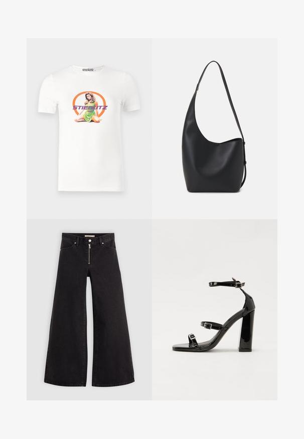 Balta kokvilnas t-kreklu ar grafisku attēlu, kurā attēlota sēdoša sieviete zaļā kleitā, ko ieskauj oranžs aplis un purpursarkanas burti.; Platas kājas džinsi melnā džinsa audumā ar rāvējslēdzēju priekšā, piecu kabatu dizains un smalkas šuvju detaļas. Gluda tekstūra un ikdienišķs stils.; Melnas lakotas augstpapēžu čības ar kvadrāta purngalu, potīšu siksniņām un sudraba sprādzēm. Aprīkotas ar masīvu bloku papēdi stabilitātei.; Melnas ādas hobo soma ar gludu tekstūru, izliekta forma un vienu regulējamu jostu; augšā ir plaša atvere.
