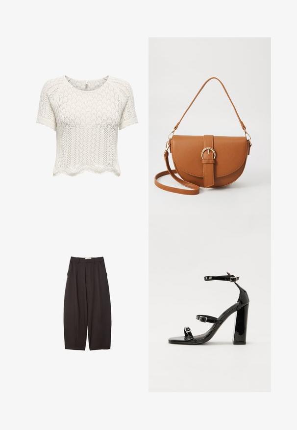 White, short-sleeve, cropped sweater made of open-knit fabric with a scalloped hem and textured pattern. Rounded neckline and relaxed fit.; Black wide-leg trousers made from a smooth fabric, featuring a high waist, front pleats, and side pockets. Simple design without embellishments.; Black patent heeled sandals with a square toe, ankle straps, and silver buckles. Features a chunky block heel for stability.; Brown leather crossbody bag with a curved shape, gold hardware, and a buckle accent. Features a detachable shoulder strap.