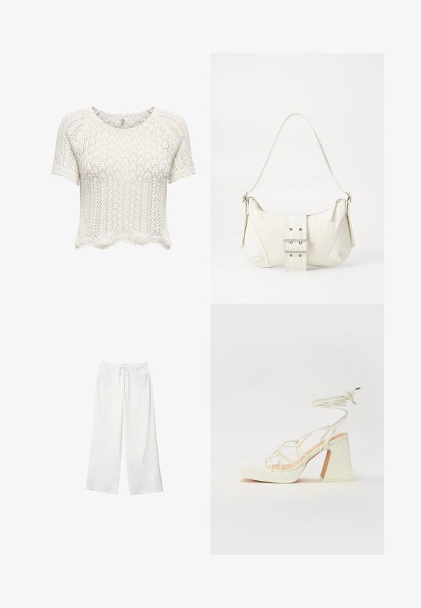 Biely, krátky rukáv, skrátený sveter vyrobený z otvorenej pleteniny s vlnitým lemom a textúrovaným vzorom. Okrúhly výstrih a voľný strih.; Biele široké nohavice vyrobené z mäkkej látky, s pásekom na sťahovanie a dvoma prednými vreckami. Hladká textúra a bez viditeľných vzorov.; Biele sandále na vysokom opätku s hrubým podpätkom, s pruhovaným dizajnom a viazaním na členku. Hladký povrch s platformou vpredu pre zvýšenú výšku.; Biela taška cez rameno s textúrovaným povrchom, centrálnou prackou a zakriveným tvarom. Zipsy na oboch stranách.
