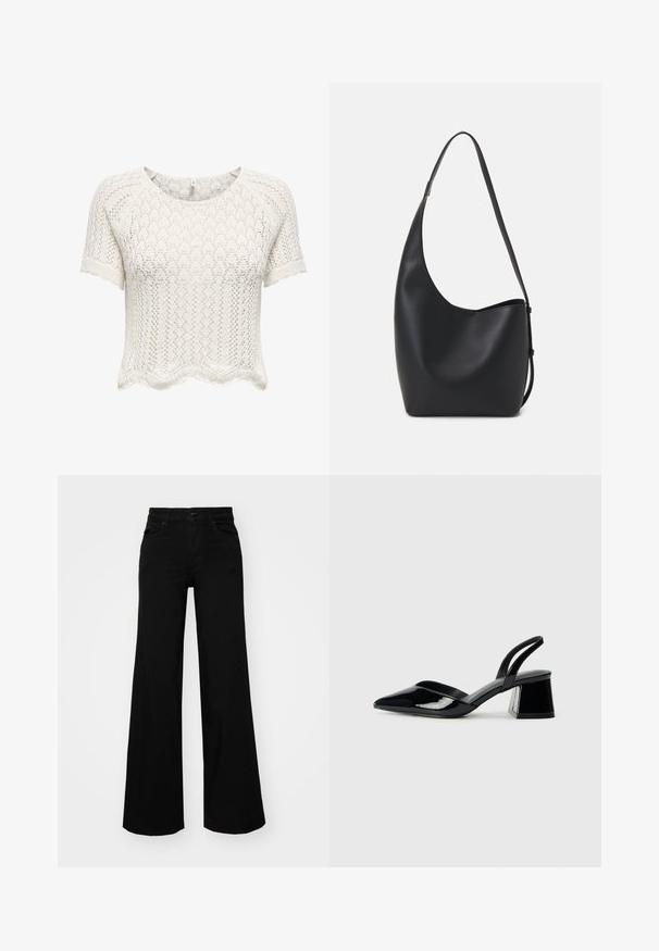 Valkoinen, lyhythihainen, lyhyt villapaita, joka on valmistettu avosukkakankaasta, jossa on aallokohaitari ja teksturoitu kuvio. Pyöreä pääntie ja rento malli.; Musta leveälahkeinen farkkupanta, jossa on rakenteellinen vyötärö, vyölenkit ja etutaskut. Sujuva rakenne klassisella muotoilulla.; Mustat patentoitu nahkakengät, joissa on säären takaosa ja terävä kärki, sekä geometrinen palikkakorko. Sisältää tyylikkään, minimalistisen muotoilun ja sileän pinnan.; Musta nahkainen hobo-laukku, jossa on sileä pinta, kaareva muoto ja yksi säädettävä olkahihna; sisäänkäynti on leveä ylhäältä.