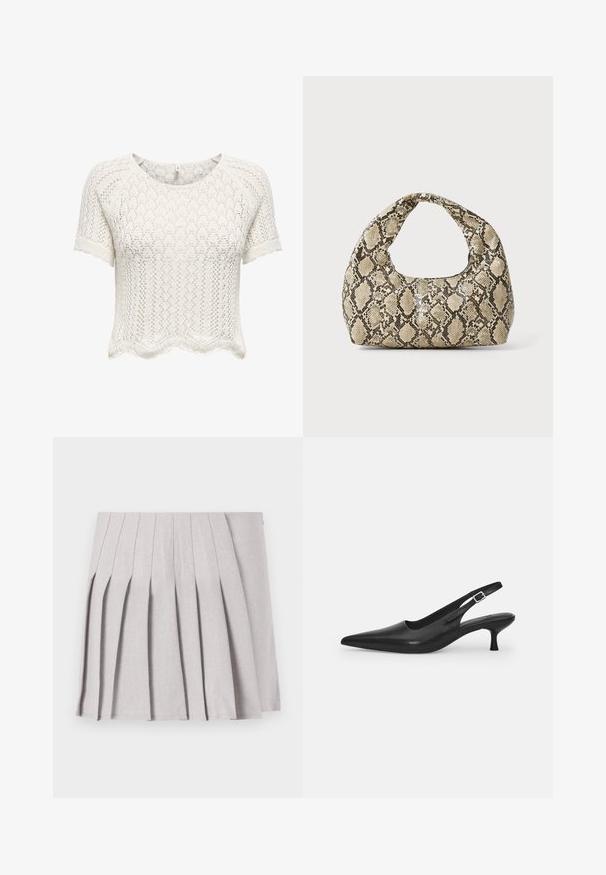 White, short-sleeve, cropped sweater made of open-knit fabric with a scalloped hem and textured pattern. Rounded neckline and relaxed fit.; Gray pleated skirt with a smooth texture, featuring multiple vertical folds and a fitted waistline. Made from lightweight fabric.; Black leather slingback shoe with a pointed toe and a slim, curved heel. Features a discrete adjustable strap with a metal buckle.; Snake-print handbag with a curved handle. Made from textured, beige and brown materials, featuring a distinctive diamond pattern.