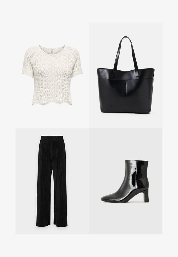 Valge, lühikeste varrukatega, lühikese lõikega sviiter, mis on valmistatud avatud kudumisest, labaääriste ja tekstuurse mustriga. Ümar kaelus ja mugav lõige.; Mustad pleekitud püksid elastse vöökohtaga. Omavad laiad jalad ja sujuvat, tekstureeritud kangast vertikaalsete triipudega.; Must-sinine nahkjalats musta läikiva viimistlusega, millel on terav nina ja keskmise kõrgusega plokk konts. Sile tekstuur ja minimalistik disain.; Must mustaga musta nahast, millel on kaks pikka kanda, sile tekstuur ja struktureeritud kuju. Esipoolsel on lisakoti jaoks tasku.