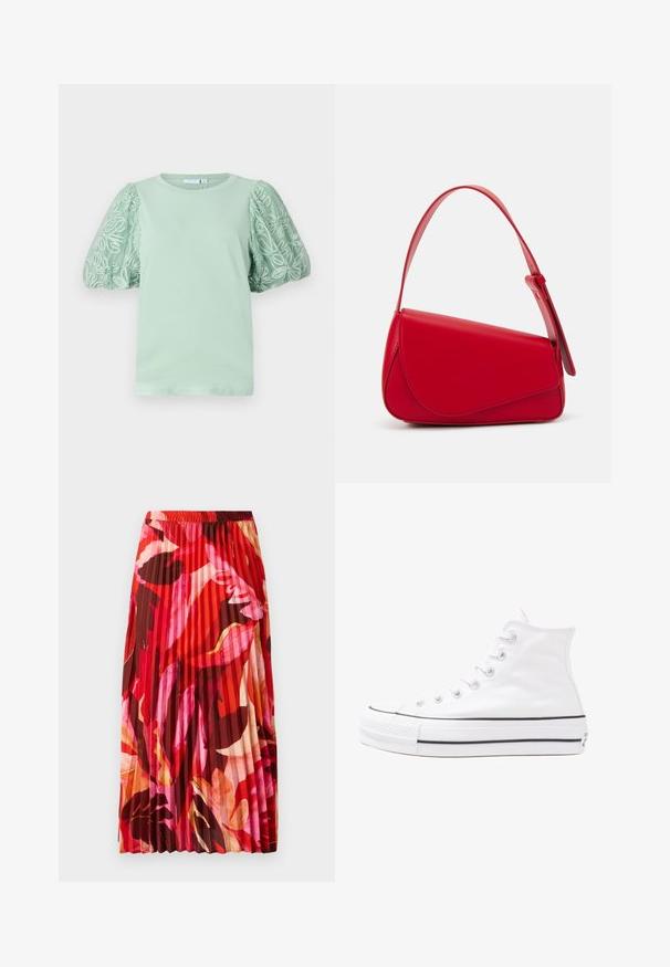 Piparmētru zaļa T-kreklu ar īsām, pūkainām piedurknēm, kas rotātas ar sarežģītu balto izšuvumu. Apaļš kakls un mīksta tekstūra. Vienkāršs, mūsdienīgs dizains.; Ziedu blūze ar garām pūkām, gaiši krēmveida pamatne, ar purpursarkanām, oranžām un zaļām ziedu rakstiem, kā arī klasisko apkakles dizainu.; Izplešanās maksi svārki ar dzīvīgu sarkanu, rozā un brūnu ziedu rakstu. Elastīgs josta un gluda tekstūra uzlabo komfortu un stilu.; Balti augstie kanvas sporta apavi ar melnu gumijas zoli, priekšējo gumijas purngalu un sešām acīm lencēm, kuriem ir tīrs, minimālistisks dizains.; Sarkans ādas rokassomi ar stūrainu, ģeometrisku dizainu. Iekļauj vienu regulējamu siksnu un vāku ar izšūtu detaļu.