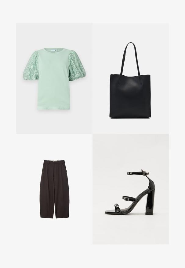 Triko v mátové barvě s krátkými, nadýchanými rukávy, zdobené složitou bílou výšivkou. Kulatý výstřih a měkká textura. Jednoduchý, moderní design.; Černé široké kalhoty vyrobené z hladkého materiálu, s vysokým pasem, předními sklady a bočními kapsami. Jednoduchý design bez ozdob.; Černé lakované sandály na vysokém podpatku se dvěma pásky se sponami, čtvercovou špičkou a robustním blokovým podpatkem, s hladkou, lesklou texturou.; Černá kožená taška přes rameno s hladkým povrchem, obdélníkovým tvarem a dvěma dlouhými uchy. Žádné viditelné kování ani ozdoby.