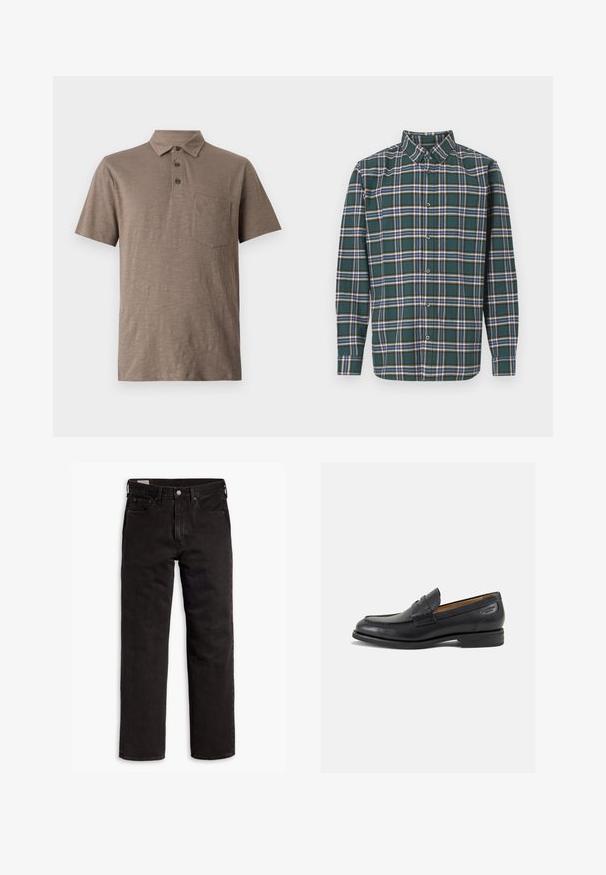 Kurzarm-Polohemd in hellbraun, aus weichem Stoff gefertigt. Verfügt über einen kragenlosen Ausschnitt, drei Knöpfe und eine Brusttasche.; Grünes Flanellhemd mit einem Karo-Muster, das blaue, weiße und senfgelbe Linien aufweist. Mit Knopfleiste und spitzem Kragen. Lange Ärmel.; Schwarze gerade Jeans aus Denim mit fünf Taschen, Knopfverschluss und Gürtelschlaufen, flach auf einem weißen Hintergrund ausgelegt.; Schwarze Leder Slipper mit glatter Oberfläche, runder Spitze und dekorativer Naht auf dem Vorderblatt. Niedriger Blockabsatz und leichter Glanz.