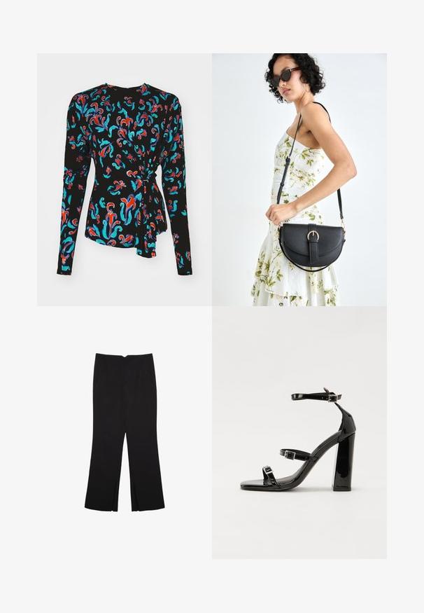 Maglietta nera a maniche lunghe con un motivo floreale colorato in rosso, turchese e blu, con un dettaglio annodato in vita.; Pantaloni neri a gamba dritta, con tasche frontali e spacchi laterali all'orlo. Realizzati in tessuto morbido e liscio. Adatti a diverse occasioni.; Sandali con tacco in vernice nera, con punta squadrata, cinturini alla caviglia e fibbie in argento. Presentano un tacco a blocco spesso per maggiore stabilità.; Borsa a tracolla nera in pelle con una forma curva, manico rimovibile e accessori dorati. La borsa presenta una patta con un dettaglio a fibbia.