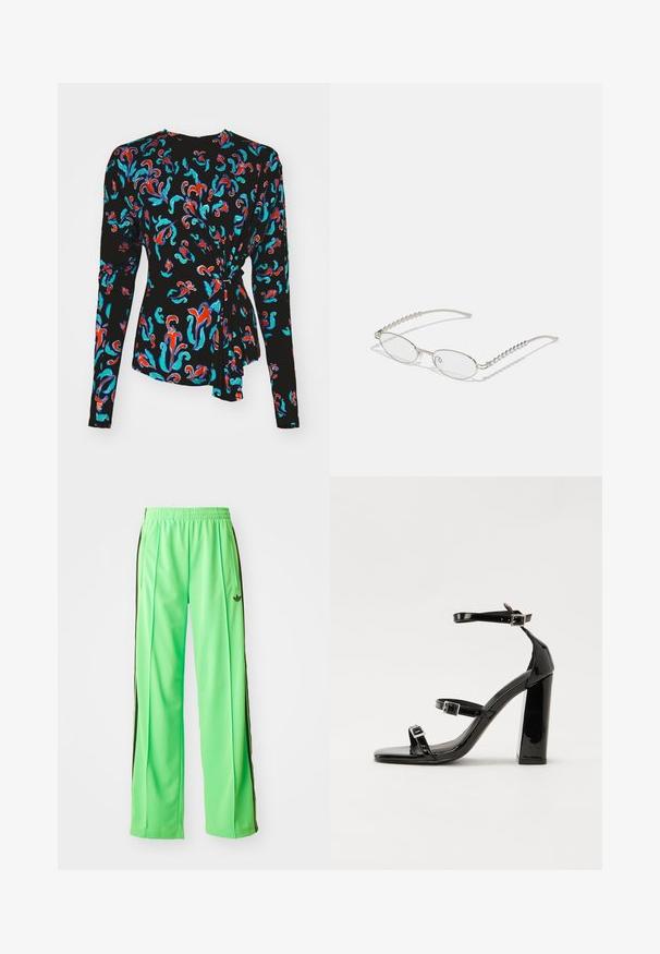 Fekete, hosszú ujjú felső, színes virágmintával piros, türkiz és kék színben, csomózott díszítéssel a deréknál.; Zöld sportnadrág sima, könnyű anyagból, fekete oldalsávokkal és hímzett logóval az elején.; Fekete lakk magas sarkú szandál négyzet alakú orral, bokapántokkal és ezüst csatokat tartalmaz. Masszív blokk sarka a stabilitásért felel.; Ovális szemüveg fém ezüst kerettel, átlátszó lencsékkel és texturált gyöngyös szárakkal. Könnyű kialakítás ívelt karokkal.