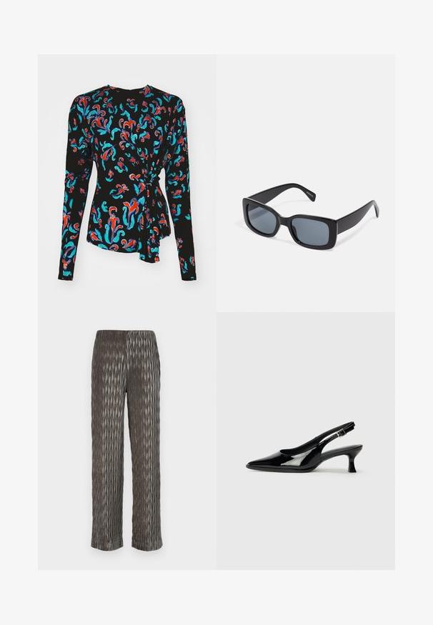 Čierny top s dlhým rukávom zdobený farebným kvetinovým vzorom v červenej, tyrkysovej a modrej farbe s uzlovým akcentom v oblasti pásu.; Šedé plisované nohavice s širokými nohavicami a textúrovaným, diamantovým vzorom. Mäkký materiál, elastický pás a skrátená dĺžka.; Čierne lakované kožené slingback topánky s ostrou špičkou a nízkym blokovým podpätkom. Nastaviteľný prackový popruh v oblasti členka.; Čierne obdlžnikové slnečné okuliare s tmavými tónovanými sklami, hrubým plastovým rámom a širokými časťami na spánkoch. Hladký povrch a ostrý dizajn.; Strieborná metalická kabelka so štruktúrovaným tvarom, ktorá má hornú rukoväť a mašľu na prednej strane. Hladká textúra, reflexný povrch.