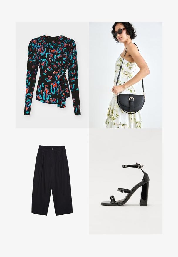 Crna majica s dugim rukavima koja ima šareni cvjetni uzorak u crvenoj, tirkiznoj i plavoj boji, s čvorastim naglaskom u struku.; Crne poliester hlače culotte s elastičnim pojasom, dva prednja nabora i širokim krojem. Nema vidljivih uzoraka ili metalnih detalja.; Crne lakirane sandale na pete sa kvadratnim nosom, trakama oko gležnja i srebrnim kopčama. Imaju čvrst blok petu za stabilnost.; Crna kožna torba s lukovitim oblikom, odvojivim remenom i zlatnim detaljima. Torba ima preklop s kopčom.
