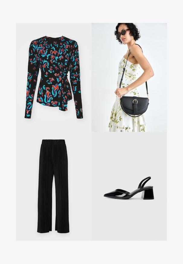 Fekete, hosszú ujjú felső, színes virágmintával piros, türkiz és kék színben, csomózott díszítéssel a deréknál.; Fekete pliszírozott nadrág gumis derekkal. Széles lábakkal rendelkezik, sima, texturált anyagból készült, függőleges csíkokkal.; Fekete lakk bőr szandálkés magas sarkú cipő, hegyes orral és geometrikus tömbsarkakkal. Karcsú, minimalista dizájn és sima textúra jellemzi.; Fekete bőrtáska ívelt formával, levehető pánttal és arany színű fémrészekkel. A táskán egy csattal díszített fedél található.