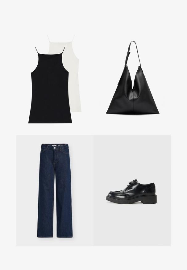 To tanktoppe i sort og hvid, lavet af blødt stof. Begge har tynde stropper og en tætsiddende design med en glat tekstur.; Mørkeblå lige ben-jeans med høj talje, lavet af denim. Har forlommer, bæltestropper og knaplukning. Klassisk design.; Sorte læder oxford sko med rund tå, snørebåndsdesign og en tykk sort gummisål. Glat tekstur og minimale syninger.; Sort læder trekantet håndtaske med en enkelt justerbar skulderrem og en blød, let slappet struktur.; Sæt af guldfarvede øreringe med forskellige designs, herunder studs, hoops og hængende modeller med perler og rhinsten.