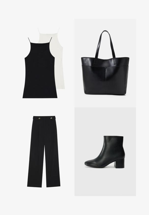 To tanktoppe i sort og hvid, lavet af blødt stof. Begge har tynde stropper og en tætsiddende design med en glat tekstur.; Sorte vide bukser med høj talje, knapdetaljer på taljebåndet og frontfald.; Sorte læder ankelstøvler med spids tå og en kraftig hæl. Glat tekstur med minimale detaljer og et slankt, tætsiddende design.; Sort læder tote taske med to lange håndtag, en glat tekstur og en struktureret form. Har en forlommem for ekstra opbevaring.