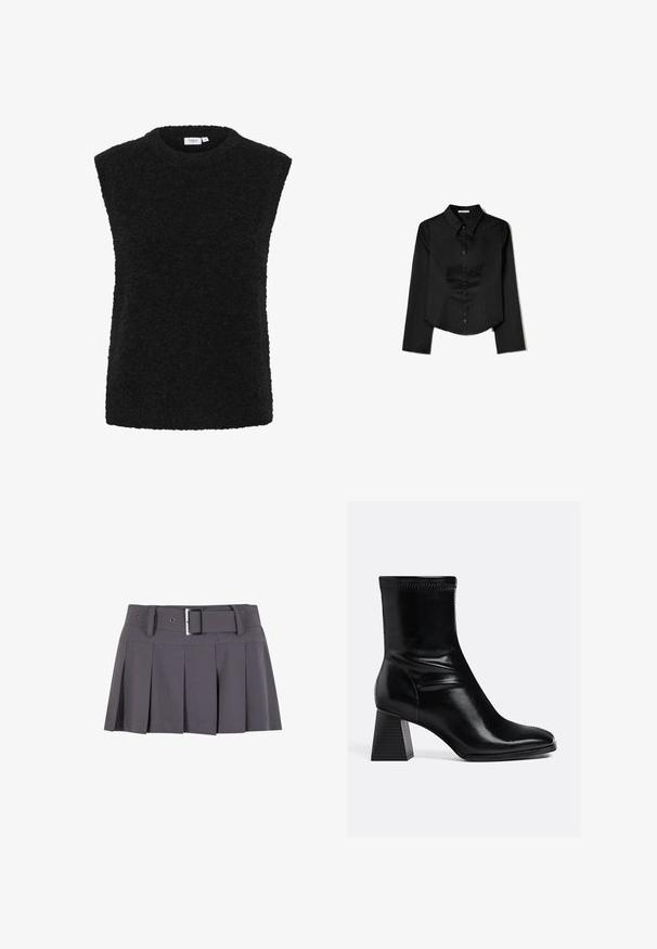 Svart ärmlös topp med rund halsringning, tillverkad av ett mjukt, strukturerat tyg. Har råa kanter och en avslappnad passform.; Svart långärmad skjorta i slätt tyg, med spetsig krage, framknappning och cropped nederkant med sidofrack.; Grå plisserad minikjol med en slät textur, med en bred midjeresår, bältesögglor och en rektangulär silverfärgad spännedetalj.; Svarta läderankelboots med en slät yta, fyrkantig tå och en texturerad klack. Har elastisk ankeldesign och synlig sömnad.