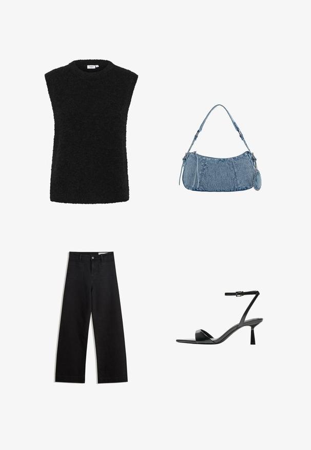 Fekete ujjatlan felső kerek nyakkivágással, puha, texturált anyagból készült. Nyers szélekkel és laza fitettel rendelkezik.; Fekete, bő szabású farmernadrág magas derékkal, elülső és hátsó zsebekkel, varrott felületekkel és gombos záródással. Sima textúra.; Bershka Magas sarkú szandálok - black; Farmer táska ívelt formával, világoskék színben, állítható vállpánttal és egy kis levehető tasakkal, fémes részletekkel.