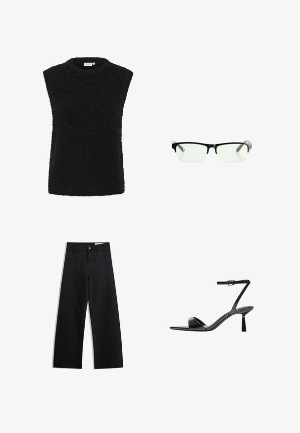 Svart ärmlös topp med rund halsringning, tillverkad av ett mjukt, strukturerat tyg. Har råa kanter och en avslappnad passform.; Svarta vida denimbyxor med hög midja, med fram- och bakfickor, sydda sömmar och knappstängning. Slät textur.; Bershka Sandaletter - black; Svarta rektangulära glasögon med klara linser, med eleganta svarta bågar och grå genomskinliga tempelspetsar. Minimalistisk design, utan synlig varumärkeslogotyp.