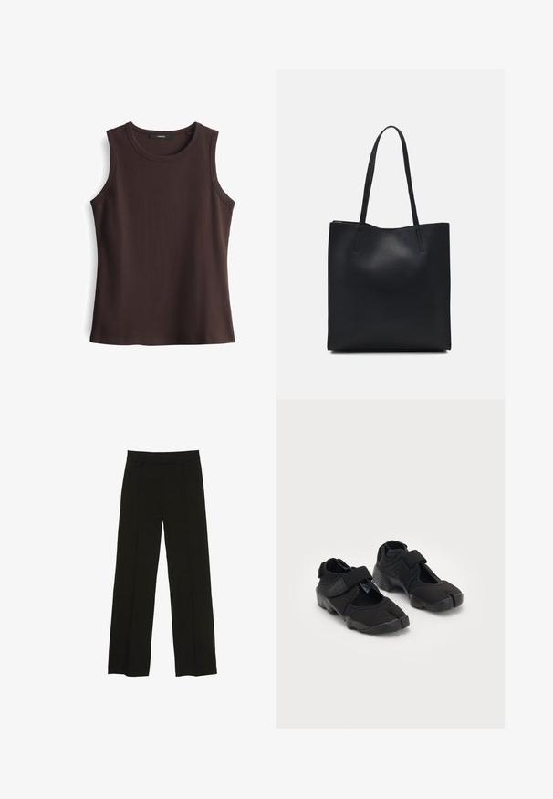 Brown ribbed tank top with a round neckline and sleeveless design. Smooth texture, fitted shape, and a straight hem at the bottom.; Black wide-leg trousers made from a smooth fabric, featuring a fitted waistband and subtle front pleats for added texture.; Black water shoes made of flexible fabric with a Velcro strap, featuring a unique split-toe design and textured rubber sole for grip.; Black leather tote bag with smooth texture, rectangular shape, and two long handles. No visible hardware or embellishments.